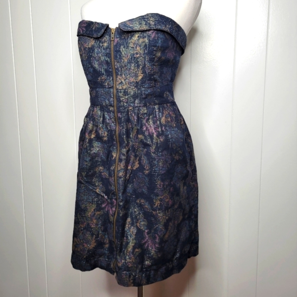 Anthropoligie Staring At Stars Metallic Brocade Floral Strapless Zip Front Dress